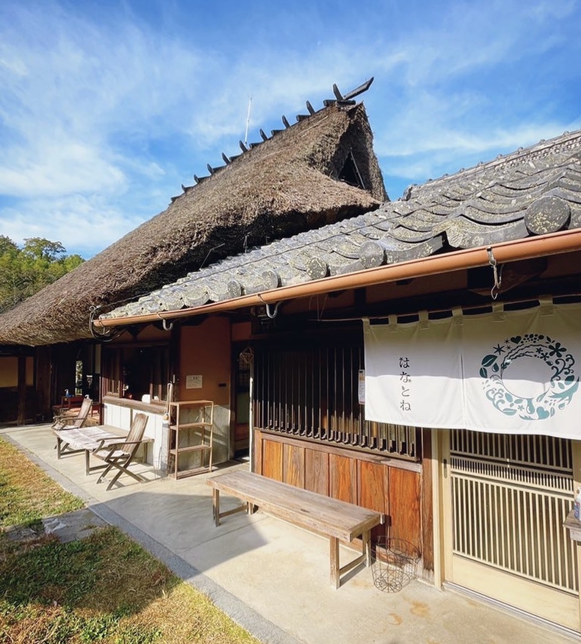 茅葺き屋根の店舗とツツジの花